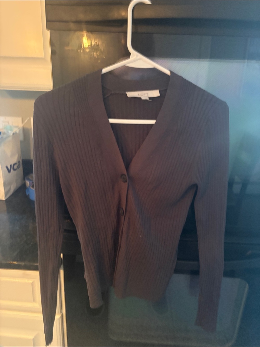LOFT Gray Ribbed V-Neck Button Cardigan